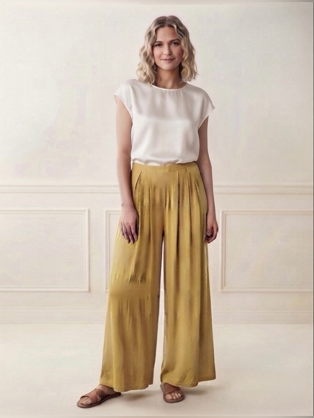 Women’s Yellow Self-Double Layer Wide Leg Pants XL